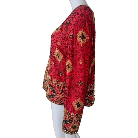 Papell Boutique Evening Vintage 90’s Silk Beaded Jacket Embellished Red Gold 12 - Picture 10 of 16